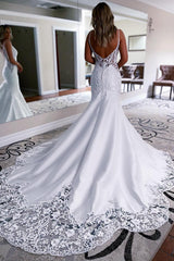 Classic White Mermaid Satin Beach Wedding Dress with Lace Detailing