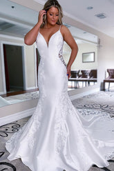 Classic White Mermaid Satin Beach Wedding Dress with Lace Detailing