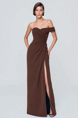 Coffee Asymmetrical Neck One Shoulder Ruched Long Prom Dress With Slit