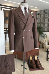 Coffee Double Breasted Peaked Lapel Striped Business Suit