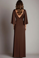 Coffee Wedding Guest Dress Satin V Neck Sheath Long Evening Dress With 3/4 Sleeves
