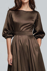 Coffee Satin Half Sleeves A-Line Long Evening Dress