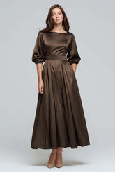 Coffee Satin Half Sleeves A-Line Long Evening Dress
