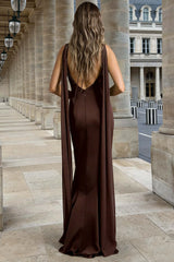 Coffee Sheath V Neck Backless Long Satin Prom Dress With Cape