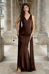 Coffee Sheath V Neck Backless Long Satin Prom Dress With Cape