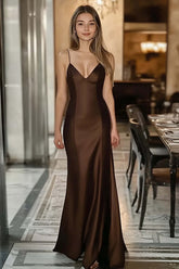 Coffee Wedding Guest Dress Satin Spaghetti Straps Mermaid Long Evening Dress
