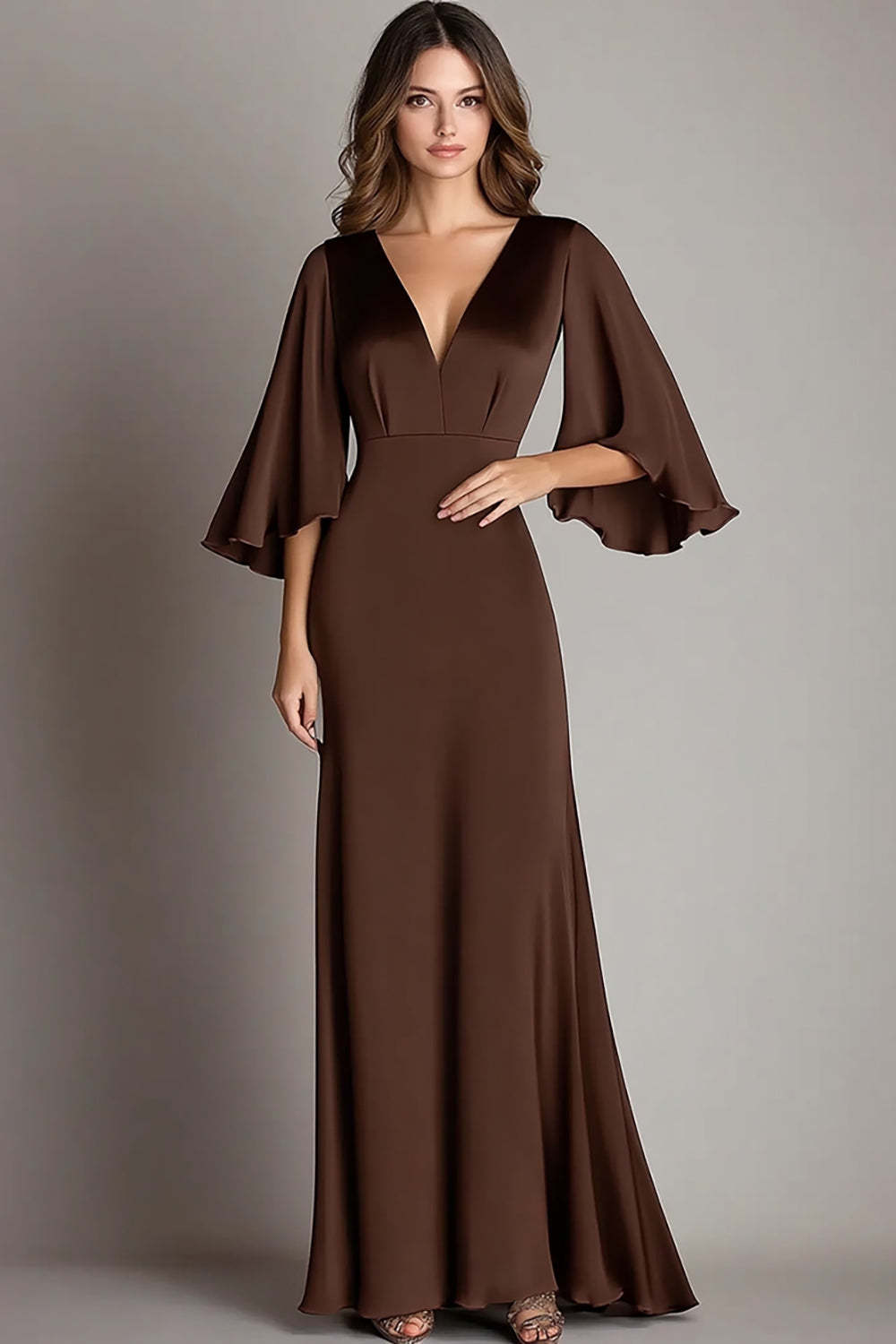 Coffee Wedding Guest Dress Satin V Neck Sheath Long Evening Dress With 3/4 Sleeves