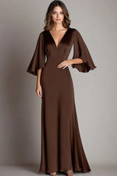 Coffee Wedding Guest Dress Satin V Neck Sheath Long Evening Dress With 3/4 Sleeves