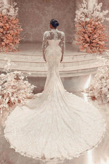 Column Lace High Neck Sleeve White Wedding Dress Bridal Gown With Appliques Train