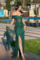 Column Lace Off The Shoulder Sweetheart Sleeveless Green Prom Dress Formal Dress With Slit