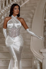 Column Satin Halter Sleeveless Silver Prom Dress Formal Dress With Sequined