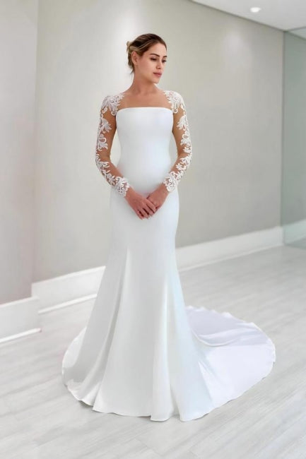 Column Satin Lace Long Sleeve White Wedding Dress Bridal Gown With Appliques