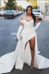 Column Satin One Shoulder Sleeveless White Wedding Dress Bridal Gown With Beading Split Train