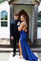 Column Satin Scoop Sleeveless Blue Prom Dress Formal Dress With Appliques Slit