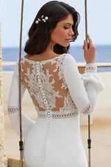 Column Satin Sleeve White Beach Wedding Dress Bridal Gown With Appliques