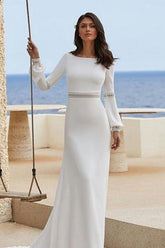 Column Satin Sleeve White Beach Wedding Dress Bridal Gown With Appliques