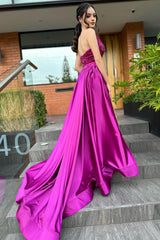 Column Satin Strapless Sleeveless Pink Prom Dress Formal Dress With Sequined Split
