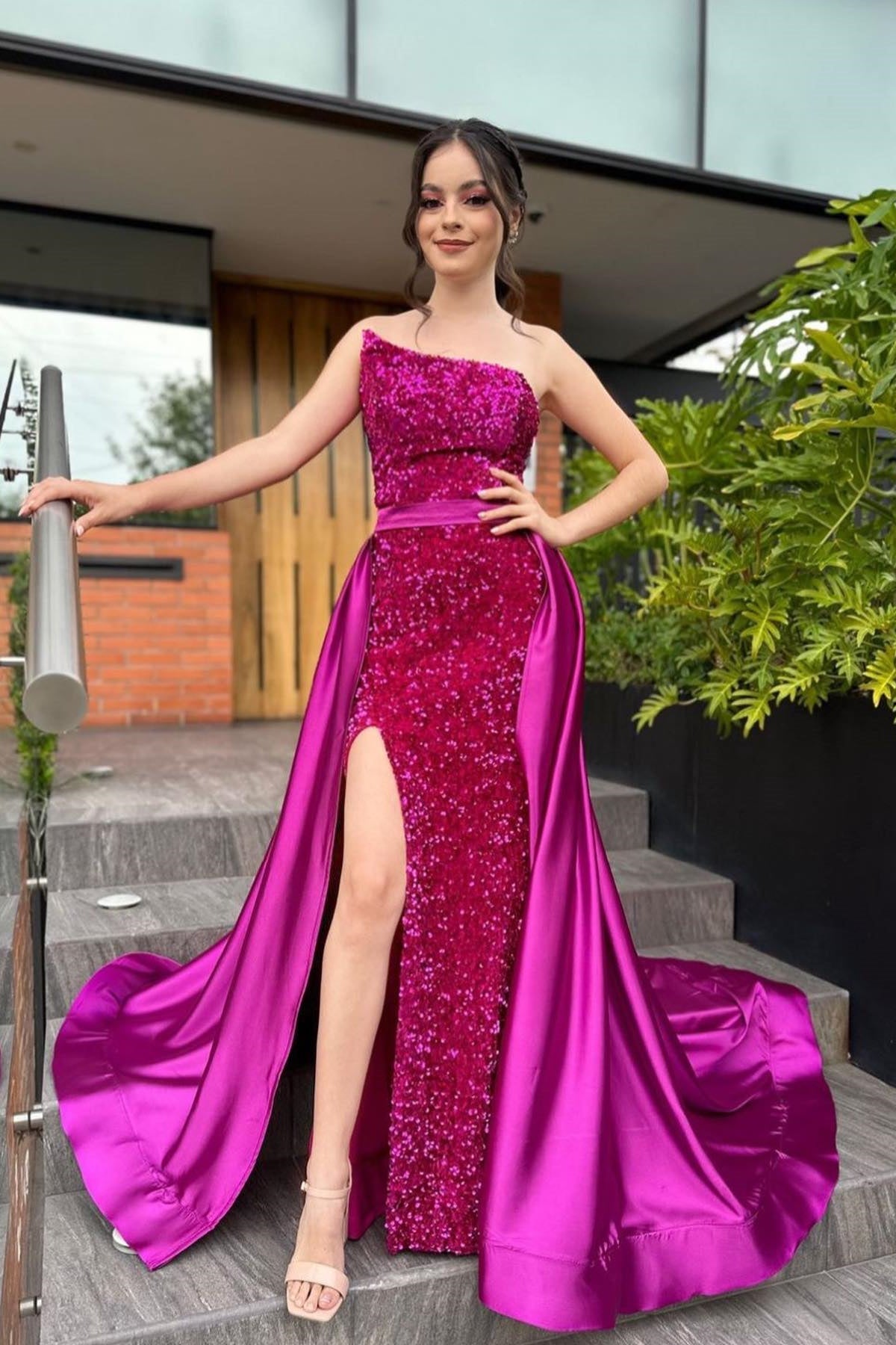 Column Satin Strapless Sleeveless Pink Prom Dress Formal Dress With Sequined Split