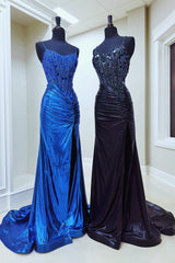 Copper Sequined Mermaid Spaghetti Straps Long Evening Dress With Slit