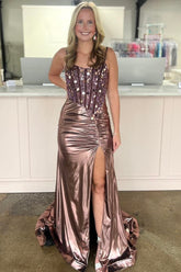 Copper Sequined Mermaid Spaghetti Straps Long Evening Dress With Slit