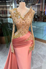 Coral Satin Prom Dress with Beaded Long Sleeves and Draped Train