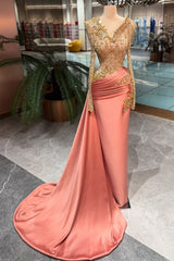 Coral Satin Prom Dress with Beaded Long Sleeves and Draped Train