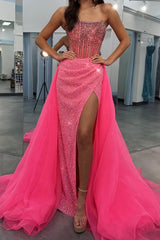 Coral Sheath/Column Strapless Sequin Prom Dress with Panel Train