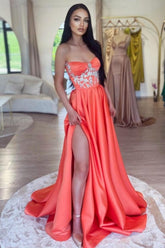 Coral Strapless A Line Beaded Sleeveless Panel Train Satin Formal Dress With High Slit