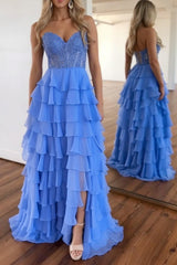 Cornflower Blue Sweetheart Prom Dress Tiered Lace Chiffon Evening Dress