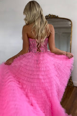 Corset Prom Dress A-Line Sweetheart Tiered Long Evening Dress with Lace
