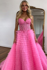 Corset Prom Dress A-Line Sweetheart Tiered Long Evening Dress with Lace