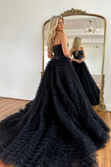 Corset Prom Dress Black Spaghetti Straps Tulle A-Line Long Evening Dress with Slit