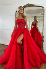 Corset Prom Dress Black Spaghetti Straps Tulle A-Line Long Evening Dress with Slit