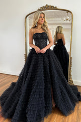 Corset Prom Dress Black Spaghetti Straps Tulle A-Line Long Evening Dress with Slit