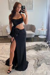 Cut Out Black Prom Dress Mermaid Long Formal Dress With Slit