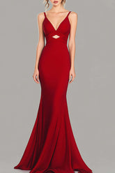 Cut Out Red Wedding Guest Dress V-Neck Mermaid Spaghetti Straps Formal Dress