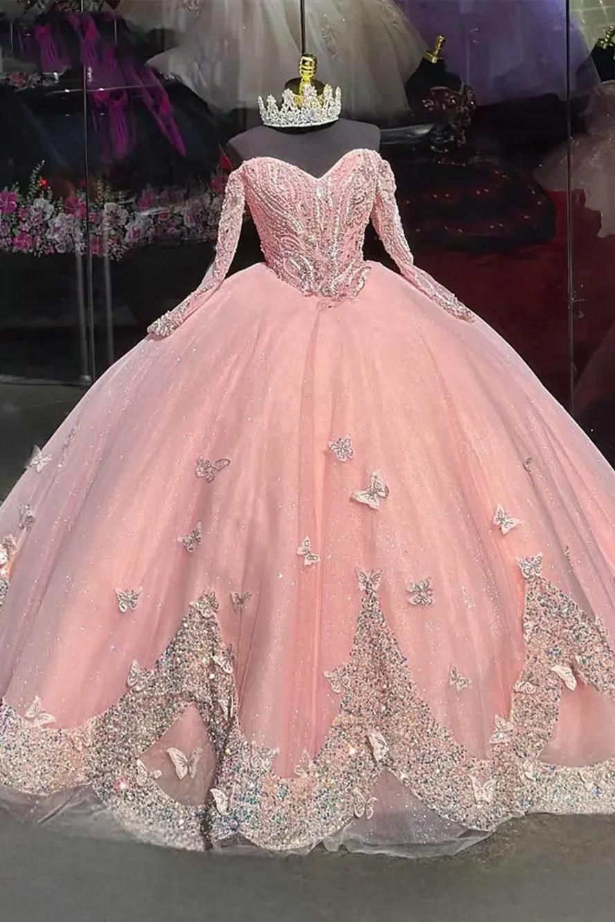 Dreamyannie UK Cute Ball Gown Off Shoulder Long Sleeves 3D Butterfly Appliques Sweep Train Pink Tulle Quinceanera Dress For Sweet 16 Dreamyannie UK Cute Ball Gown Off Shoulder Long Sleeves 3D Butterfly Appliques Sweep Train Pink Tulle Quinceanera Dress For Sweet 16