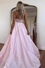 Cute Pink Strapless Beaded Top Long Satin Prom Dress With Slit Formal Evening Gown