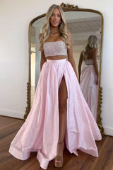 Cute Pink Strapless Beaded Top Long Satin Prom Dress With Slit Formal Evening Gown