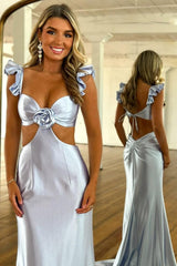 Cute Stylish Mermaid Satin Prom Dress With Waist Hollow Design Long Silhouette And Floral Accent Formal Evening Gown