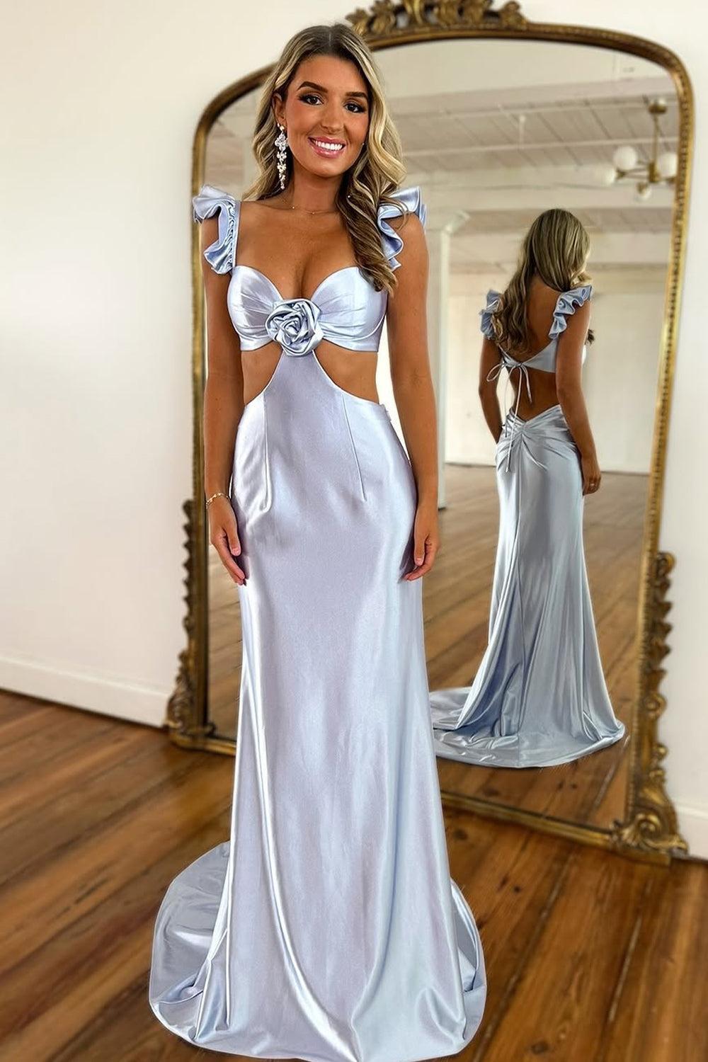 Cute Stylish Mermaid Satin Prom Dress With Waist Hollow Design Long Silhouette And Floral Accent Formal Evening Gown