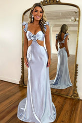 Cute Stylish Mermaid Satin Prom Dress With Waist Hollow Design Long Silhouette And Floral Accent Formal Evening Gown