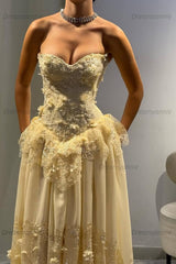 Yellow A Line Prom Dress Sleeveless Sweetheart Evening Dress With Lace Appliques
