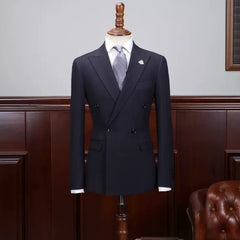 Dark Blue Double Breasted Peaked Lapel Business Suit