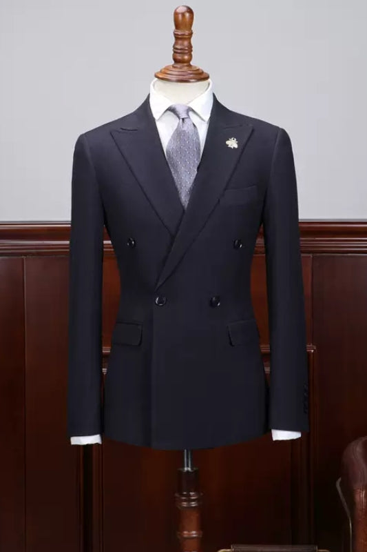 Dark Blue Double Breasted Peaked Lapel Business Suit