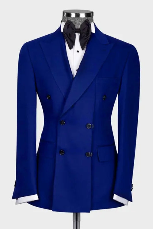 Dark Blue Double Breasted Peaked Lapel Prom Suit
