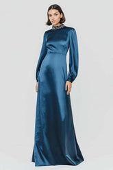 Dark Blue High Neck A-Line Long Satin Prom Dress With Beading
