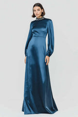 Dark Blue High Neck A-Line Long Satin Prom Dress With Beading