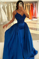 Dark Blue Prom Dress V Neck Spaghetti Strap A Line Sleeveless Panel Train Satin Formal Dress With Handmake Flowers