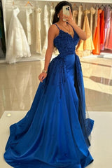 Dark Blue Prom Dress V Neck Spaghetti Strap A Line Sleeveless Panel Train Satin Formal Dress With Handmake Flowers